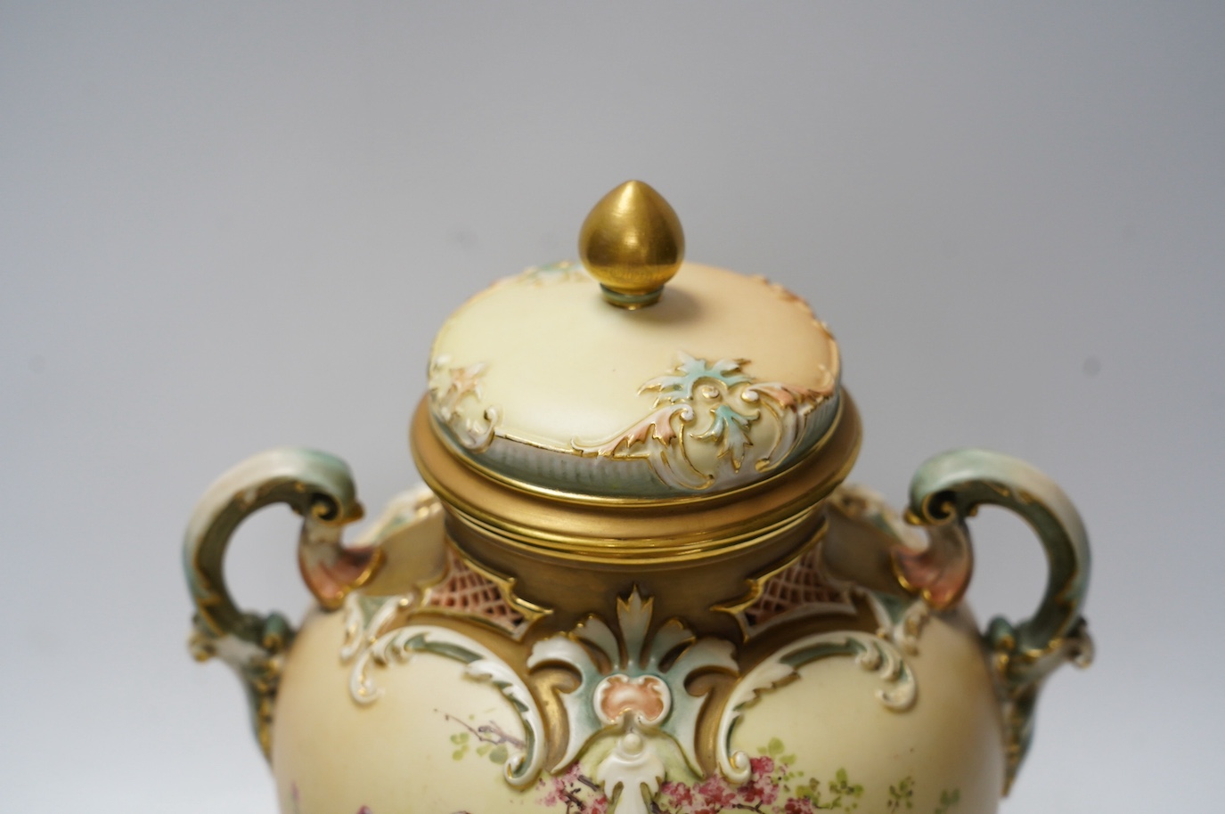 A Worcester jar and cover, 1515, painted with turkeys by Charles Baldwyn, 25cm high. Condition - fair, one handle repaired